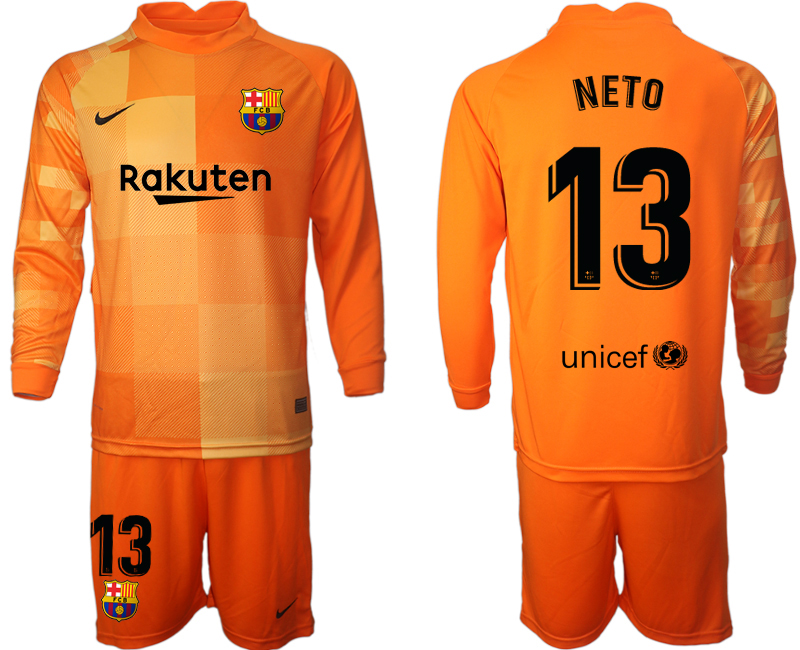 Men 2021-2022 Club Barcelona orange red goalkeeper Long Sleeve #13 Soccer Jersey